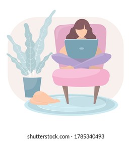 Woman sitting  armchair with laptop. A person works, studies or communicates from home.
