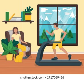 Woman sitting armchair, man training treadmill concept cozy interior design cartoon vector illustration. Female and male couple in room, cat animal. Window with mountain, summer forest landscape.