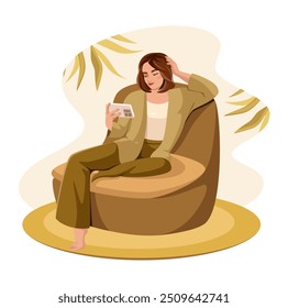 Uma mulher está sentada numa poltrona com um telefone celular nas mãos. Uma pessoa com um smartphone nas mãos se comunica on-line via Internet. Comunicação online, o conceito de relações virtuais