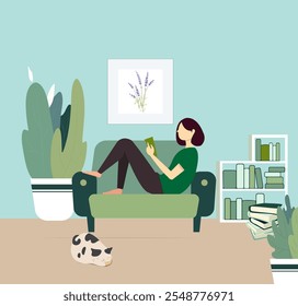 Woman sitting in armchair and reading book. Cozy living room interior in green tones with painting, plants and bookshelves. Flat vector illustration