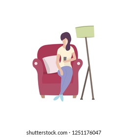 Woman sitting in armchair with remote control flat icon. Watching TV, resting, break. Leisure concept. Vector illustration can be used for topics like domestic life, technology, hobby