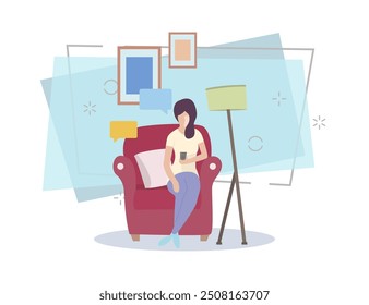 Woman sitting in armchair with remote control flat illustration. Watching TV, resting, break. Leisure concept. Vector can be used for topics like domestic life, technology, hobby