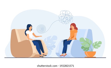Woman sitting in armchair and talking with psychologist. Thought, therapy, mind flat vector illustration. Mental health and psychology concept for banner, website design or landing web page