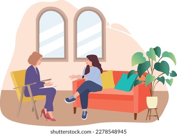 Mujer sentada en un sillón y hablando con un psicólogo. Pensamiento, terapia, mente ilustración vectorial plana. Concepto de salud mental y psicología para banner, diseño de sitios web o página web de inicio