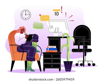 Woman sitting in an armchair using a tablet, surrounded by office furniture, books, and decor on a gradient purple background. Concept of remote work. Vector illustration