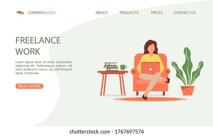 A woman is sitting in an armchair while working on a laptop. Home office concept, woman working from home. Landing page template in cartoon style. Illustration for freelancing, remote work, business