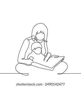 woman sitting with baby on the floor reading a book - one line art vector. concept mom and child spending time reading together. Handmade vector not AI