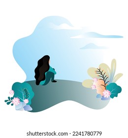 woman sitting back to back on hillside, flat vector illustration