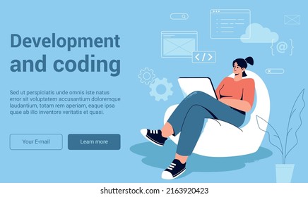 Woman is sitting in bag chair with laptop and coding. Landing banner Vector illustration