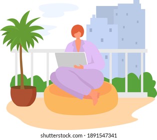 Woman sitting balcony surf internet with gadget tablet, online modern life, remote freelander work flat vector illustration, isolated on white. Comfortable workplace, female interactive entertainment.