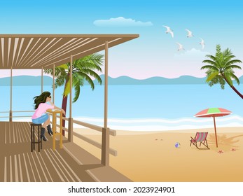 Woman sitting in a bamboo cafe on a beach by the sea with sea and sky in the background.