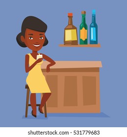 Woman sitting at the bar counter. Woman sitting with glass in bar. An african-american woman sitting alone and celebrating with an alcohol drink in bar. Vector flat design illustration. Square layout.