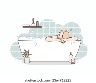  Die Frau sitzt in der Badewanne mit Sprudelwasser zur Entspannung. Handgezeichnete Vektordesign-Illustrationen.