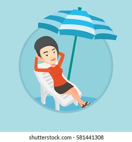 Woman sitting in a beach chair. Woman resting on holiday while sitting under umbrella on a beach chair. Woman relaxing on beach. Vector flat design illustration in the circle isolated on background.