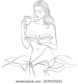 Woman sitting in bed with a book. Tea time. Relaxed beautiful girl sitting on the bed, enjoying hot coffee. Continuous one line drawing. Single line draw. Vector graphic illustration.