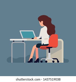 Woman sitting behind desk with laptop, back view, no face. Flat style vector concept illustration on working process featuring abstract female character