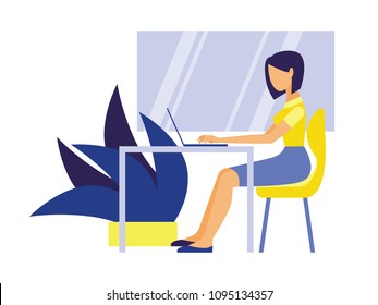 Woman sitting behind the desk working on her laptop. Simple flat vector illustration