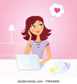 Woman sitting behind her laptop and dreaming about love. Vector Illustration.