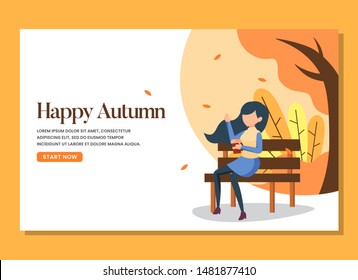 A woman sitting in the bench in the autumn day landing page