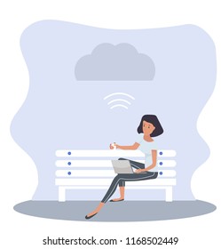 woman sitting bench with notebook cloud
