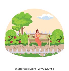 woman sitting in a bench reading book in comfortable garden terrace, patio with stone path, outdoor furniture and potted plants. Vector colorful cartoon flat illustration isolated.