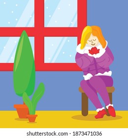 The woman sitting beside the window. People icon. winter. Flat vector