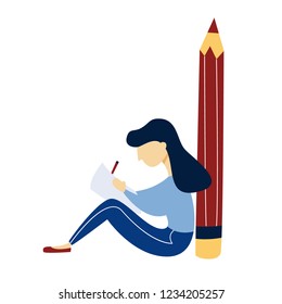 Woman sitting at the big pencil and work on the laptop computer. Flat vector illustration