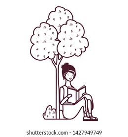 woman sitting with book in landscape with trees and plants