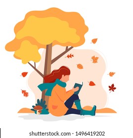 Woman sitting with book under the tree in autumn. Vector illustration in flat style