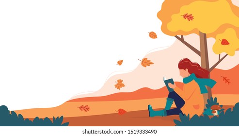 Woman sitting with book under the tree in autumn. Vector illustration in flat style