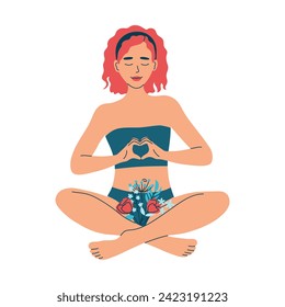 Woman sitting with a bouquet of flowers near hips. Women's reproductive health, menstrual cycle, intimate hygiene. Epilation or depilation. Self-love and self-care. Isolated vector illustration