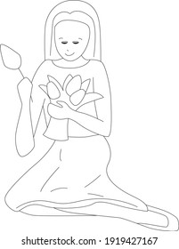 Woman sitting with bunch of tulips. Linear, contour, black and white illustration. Can be used for coloring page