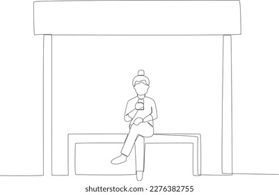 A woman sitting at bus stop is using a cell phone. Public transport one-line drawing