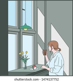 A woman is sitting by the window drinking coffee. hand drawn style vector design illustrations. 