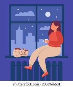 Woman sitting by window, enjoying night city view with buildings. Lonely girl drinking hot coffee or tea, cat lying on windowsill of bedroom flat vector illustration. Time of thinking, dreams concept