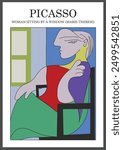 Woman sitting by the window of  Pablo Picasso. Poster vector illustration of Marie-Therese with splashes of color and strokes. Printed paintings to hang in the living room, decorate the house, office,