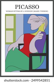 Woman sitting by the window of  Pablo Picasso. Poster vector illustration of Marie-Therese with splashes of color and strokes. Printed paintings to hang in the living room, decorate the house, office,