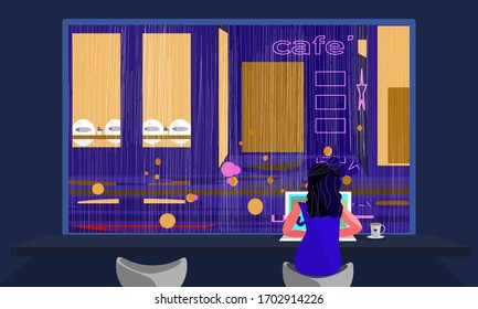 Woman Sitting By The Window, She’s Using Laptop In Coffee Shop At Night Time,The Falling At Outside, Woman Sitting By The Window Drinking Coffee And Working.