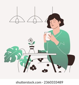 Woman sitting in cafe with coffee. Cartoon vector illustration. Coffee time concept.