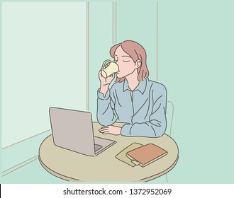 A woman sitting at a cafe and drinking coffee. hand drawn style vector design illustrations. 