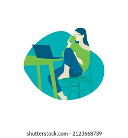 A woman sitting at a cafe and drinking coffee. hand drawn style vector design illustrations.