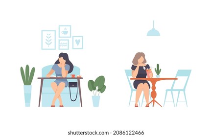 Woman Sitting in Cafe Eating Dessert and Reading Book Vector Set