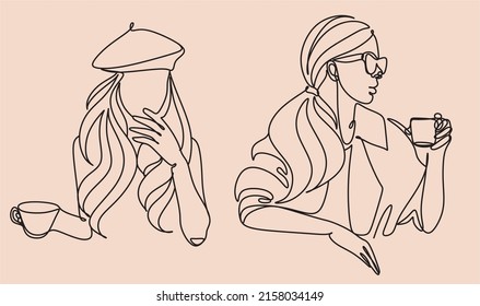 Woman sitting in a cafeteria holding a coffee mug, looking away line art. Relaxing and thinking while drinking coffee minimal line drawing