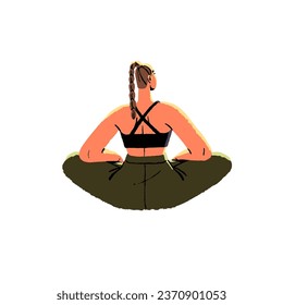 Woman sitting with calm breath in yoga pose back view. Person relax in retreat, care about wellness.Vipassana meditation, spiritual practice, stretching training. Flat isolated vector illustration