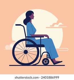 A woman is sitting calmly in a wheelchair against a sunset backdrop in this vector illustration.