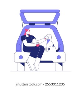 Mulher Sentada No Tronco Do Carro Com Cão, Ilustração De Vetor Plano Simbolizando Atividades Ao Ar Livre, Amizade E Viagem, Isolada No Fundo Branco