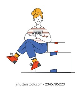 Woman Sitting with Cardboard Box During Relocation Vector Illustration