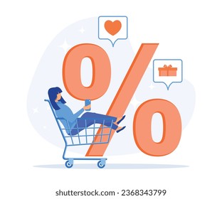 Woman sitting in cart and shopping online, Big discount, gifts and purchases, sales, seasonal sale at store, flat vector modern illustration