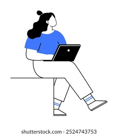 Mujer sentada casualmente con una computadora portátil. Ideal para trabajo remoto, estilo de vida nómada digital, uso de la tecnología, ambiente de oficina moderno, atuendo de trabajo casual. Sencillo, minimalista, moderno.