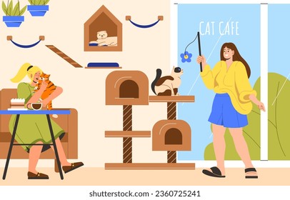 Woman sitting in cat cafe concept. Young girl with toy playing with kitty at scratching post. Comfort and coziness in catering. Unusual restaurant. Cartoon flat vector illustration